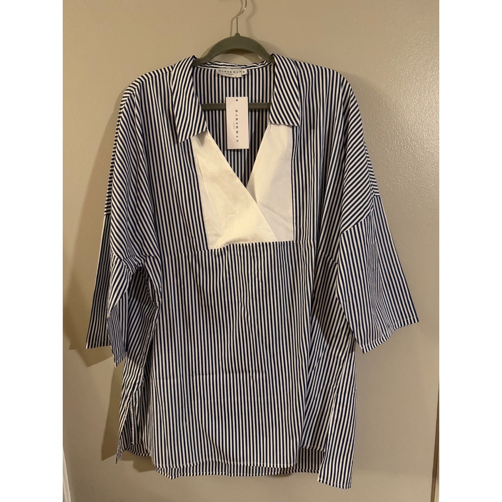 Harshman Lema Tunic Navy White Striped V-Neck Oversized Blouse Top 1X New